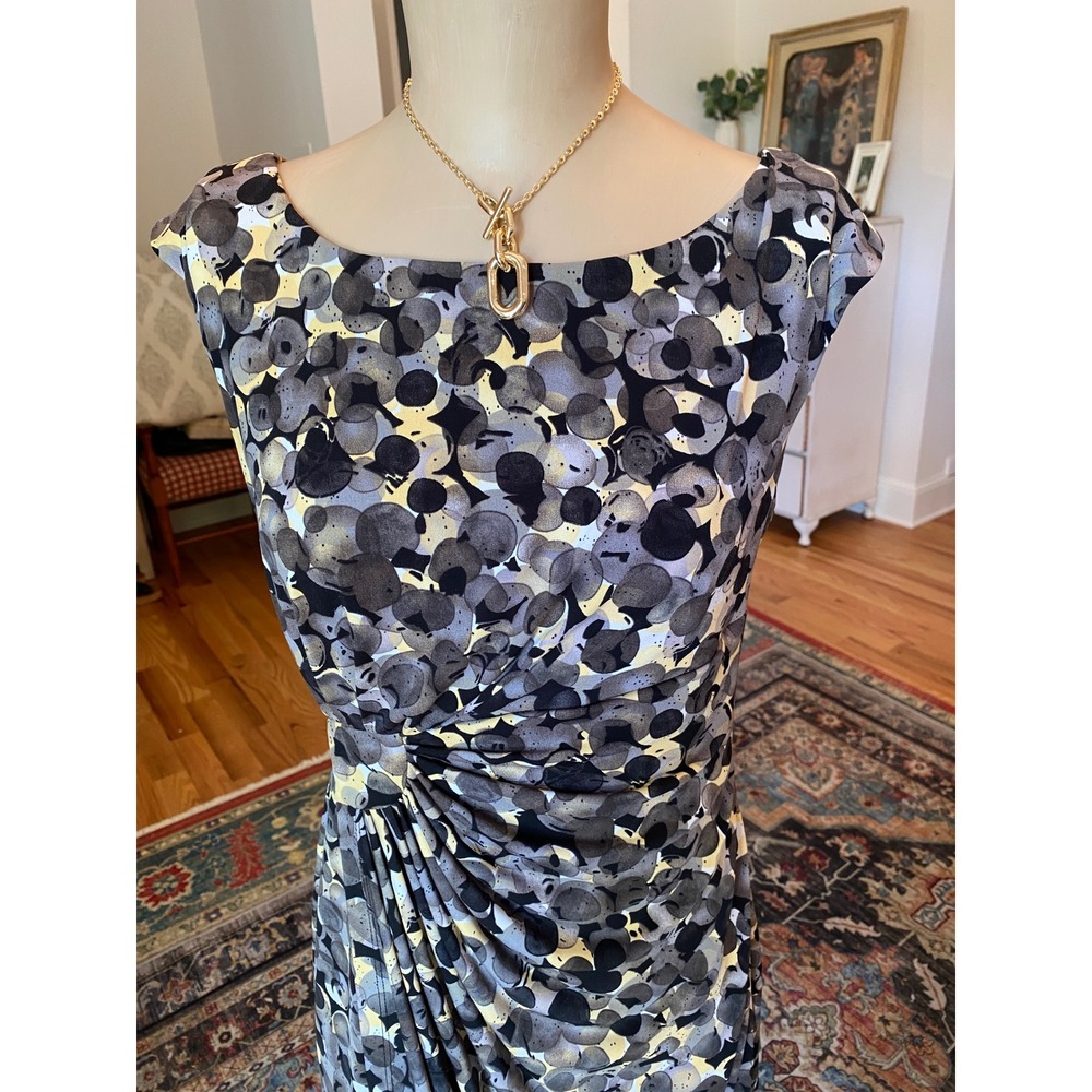 Connected Apparel Grey Yellow Abstract Print Faux Wrap Sheath Dress Size 8 - Picture 2 of 10